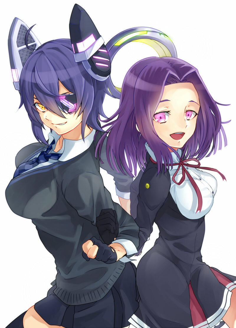ahoge back-to-back blue_hair breasts eyepatch fingerless_gloves gloves grin headgear kantai_collection large_breasts locked_arms looking_at_viewer mechanical_halo multiple_girls open_mouth partly_fingerless_gloves purple_eyes purple_hair ribbon rokumitsu short_hair smile tatsuta_(kantai_collection) tenryuu_(kantai_collection) thighhighs white_background yellow_eyes