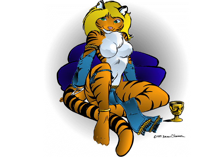 blonde_hair bracelet breasts brian_o'connell brian_o'connell chest_tuft cup ear_piercing feline female fur gold gradient_background hair harem_outfit jewelry loincloth loingcloth mammal orange_fur piercing pillow sitting solo stripes tiger topless tuft whie_fur