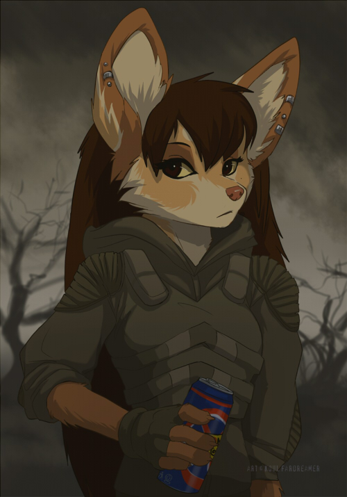 brown_fur brown_hair can canine ear_piercing fatigues female fennec fox fur hair jess koul mammal outside piercing s.t.a.l.k.e.r. solo tan_fur tree yellow_eyes