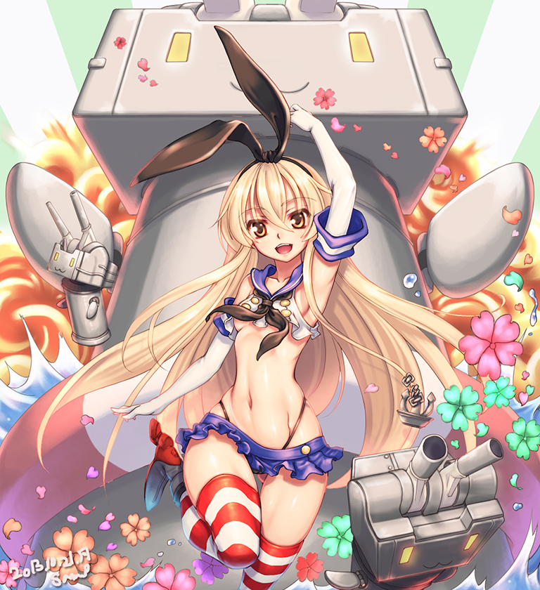 :3 anchor arm_up armpits black_panties blonde_hair brown_eyes ecell elbow_gloves explosion flower gloves hair_ornament innertube kantai_collection long_hair looking_at_viewer microskirt navel open_mouth panties petals rensouhou-chan sailor_collar shimakaze_(kantai_collection) skirt smile solo striped striped_legwear thighhighs underwear white_gloves wide_hips |_|