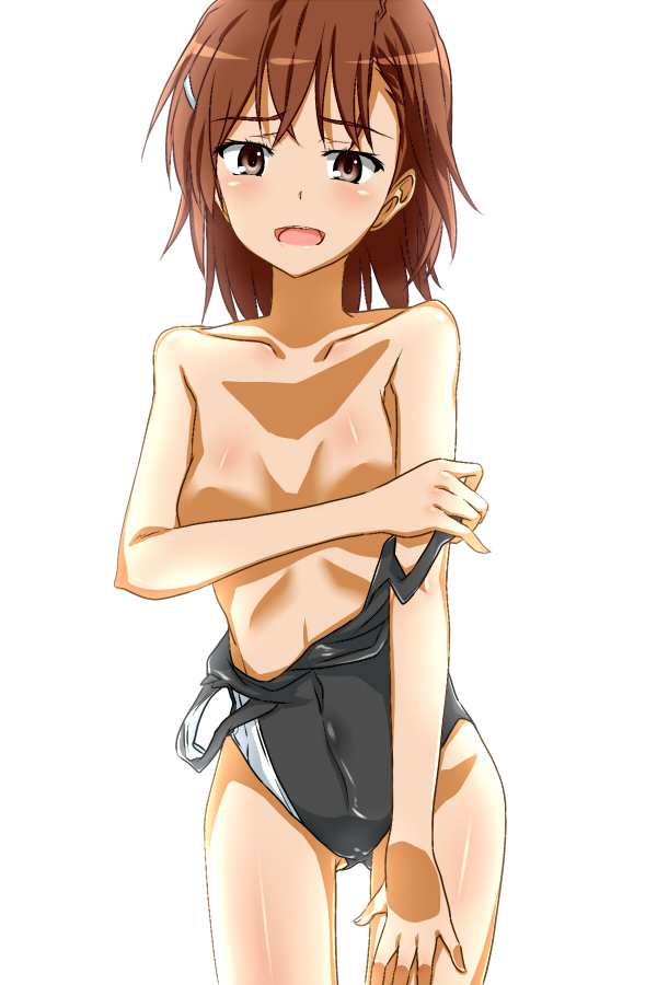 bare_shoulders breasts brown_eyes brown_hair censored collarbone convenient_censoring covered_navel etsuji hair_ornament misaka_mikoto one-piece_swimsuit open_mouth short_hair simple_background small_breasts solo standing swimsuit swimsuit_pull to_aru_majutsu_no_index white_background