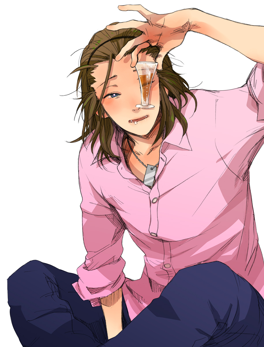 arm_support blush brown_hair denim dress_shirt drink drunk glass grin headband highres indian_style jeans jewelry long_hair looking_at_viewer male_focus messy_hair necklace one_eye_closed pants saliva shimogamo_yajirou shirt sitting sleeves_folded_up smile solo uchouten_kazoku white_background zkakq