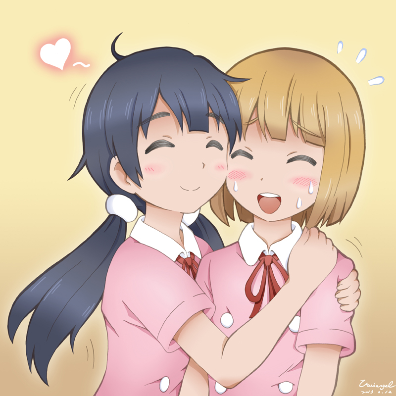 2girls :d ^_^ artist_name black_hair blonde_hair blush buttons closed_eyes dated hair_bobbles hair_ornament heart hug kitashirakawa_tamako long_hair low_twintails messy_hair multiple_girls open_mouth ribbon school_uniform short_hair smile sweatdrop tamako_market tokiwa_midori twintails variangel yellow_background yuri