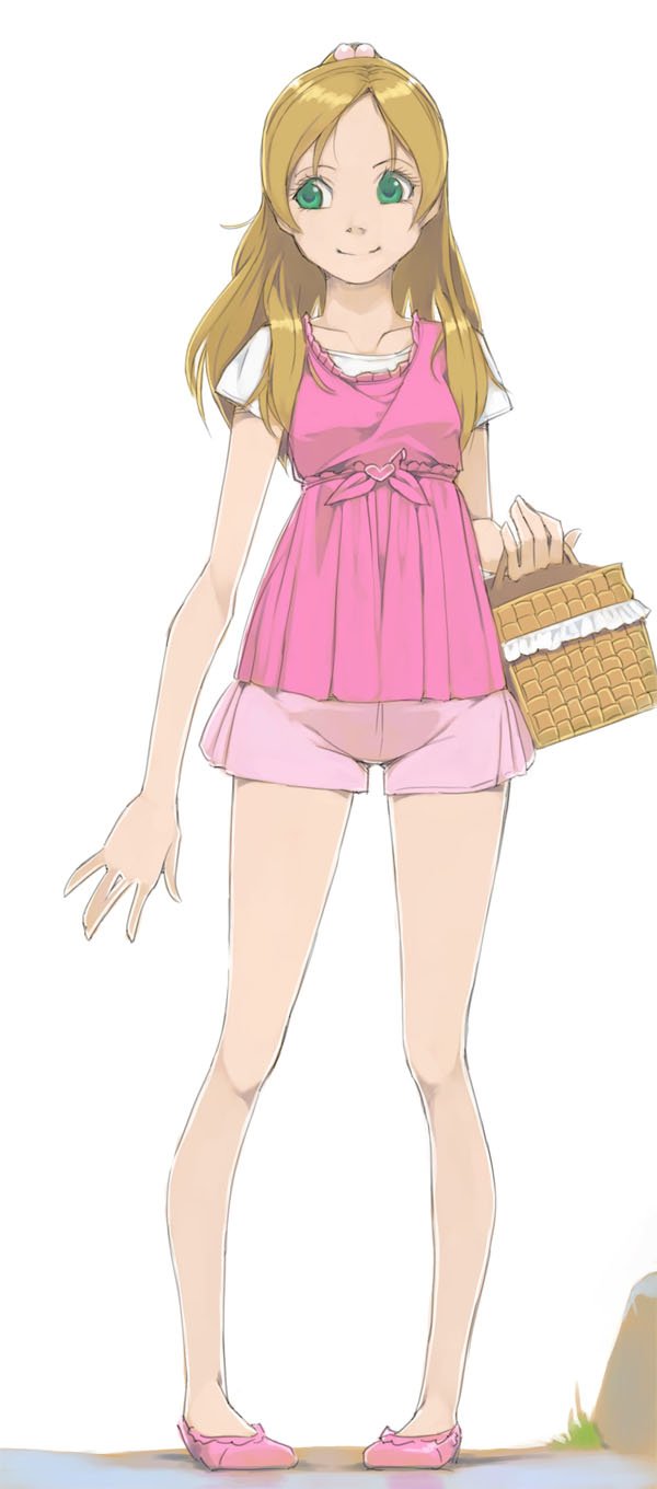 1girl akinbo_(hyouka_fuyou) bangs basket brown_hair collarbone full_body green_eyes hair_bobbles hair_ornament highres holding holding_basket long_hair minamino_kanade parted_bangs pink_footwear pink_shirt pink_shorts precure shiny shiny_hair shirt short_shorts short_sleeves shorts simple_background smile solo standing suite_precure white_background