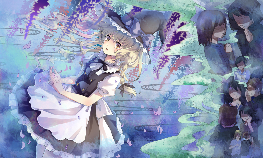 6+girls apron bad_id bad_pixiv_id black_dress blonde_hair bow braid crying crying_with_eyes_open dress flower hat hat_bow kirisame_marisa long_hair looking_at_viewer multiple_boys multiple_girls petals puffy_sleeves short_sleeves single_braid talking tears touhou waist_apron wind wisteria witch_hat yezhi_na