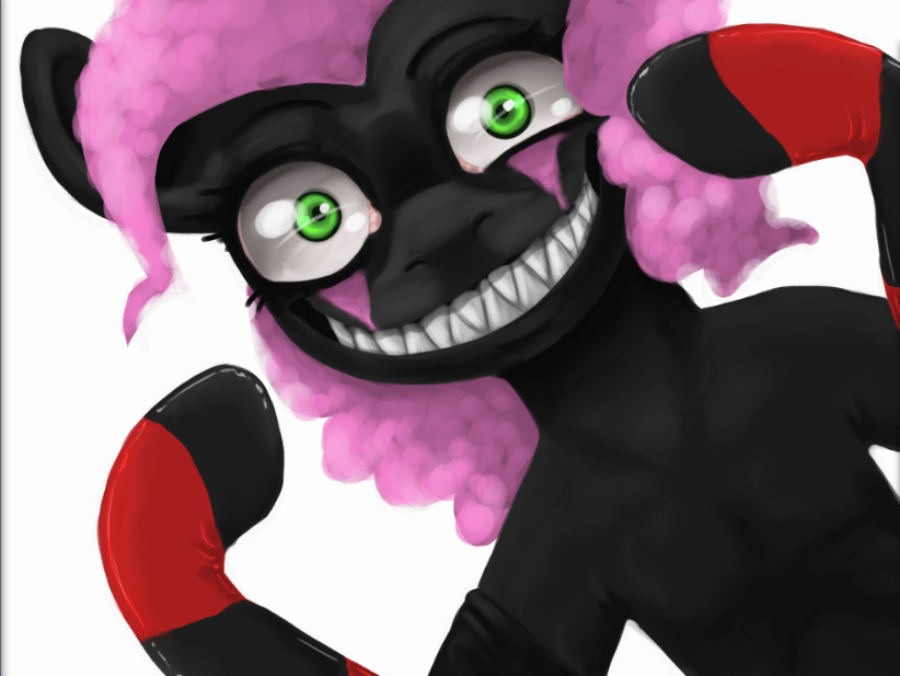 black_fur cheshire_cat_grin colorlesscupcake creepy equine fangs female feral friendship_is_magic fur green_eyes grin hair horse legwear long_hair looking_at_viewer mammal markings my_little_pony open_mouth pink_hair pinkie_pie_(mlp) plain_background pony sharp_teeth smile solo stockings teeth