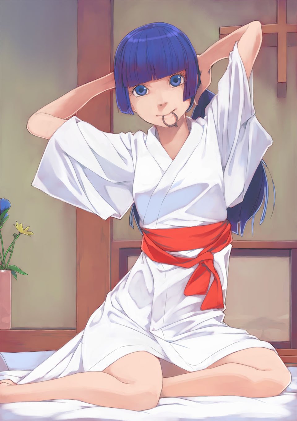 akinbo_(hyouka_fuyou) aoki_reika arms_behind_head bangs blue_flower blue_hair blunt_bangs flower futon highres indoors izayoi_liko japanese_clothes kimono long_hair looking_at_viewer mahou_girls_precure! mouth_hold ponytail precure red_ribbon ribbon sitting smile smile_precure! solo tying_hair white_kimono yellow_flower