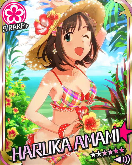 ;d amami_haruka annindoufu_(oicon) bikini brown_hair card_(medium) character_name cloud day earrings flower flower_(symbol) green_eyes hat hibiscus idolmaster idolmaster_(classic) idolmaster_cinderella_girls jewelry looking_at_viewer official_art one_eye_closed open_mouth short_hair smile solo swimsuit water