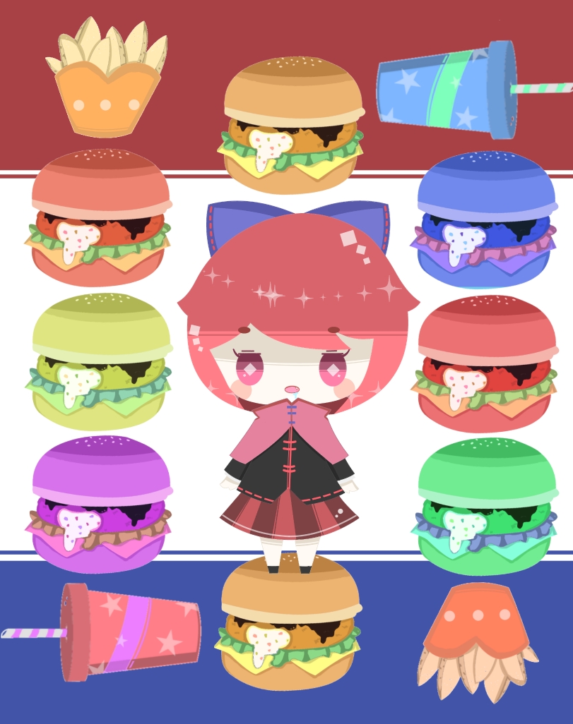 bad_id bad_pixiv_id blush bow cape drink drooling food french_fries hamburger open_mouth red_eyes red_hair remedei sekibanki short_hair touhou