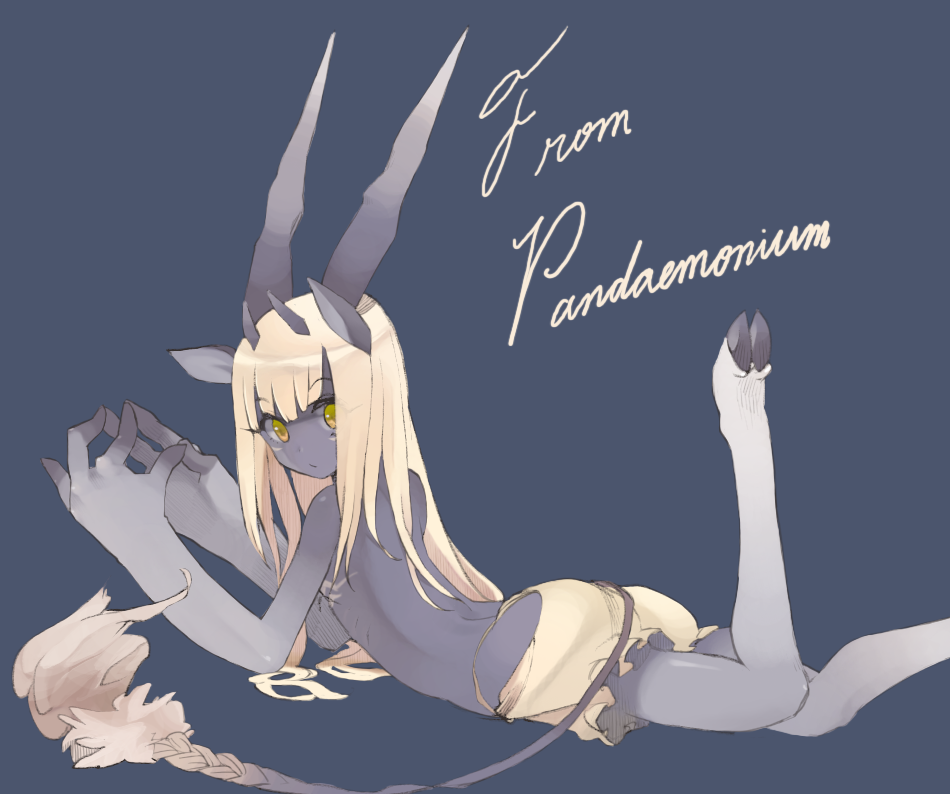 animal_ears baphomet hooves horns large_hands long_arms long_hair looking_at_viewer looking_back lying monorino monster_girl on_stomach original solo tail very_long_hair