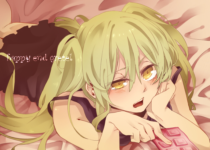 chin_rest copyright_name green_hair hatsune_miku kokoa_(ikaretemasugananika) long_hair lying on_stomach open_mouth solo uneven_eyes vocaloid yellow_eyes