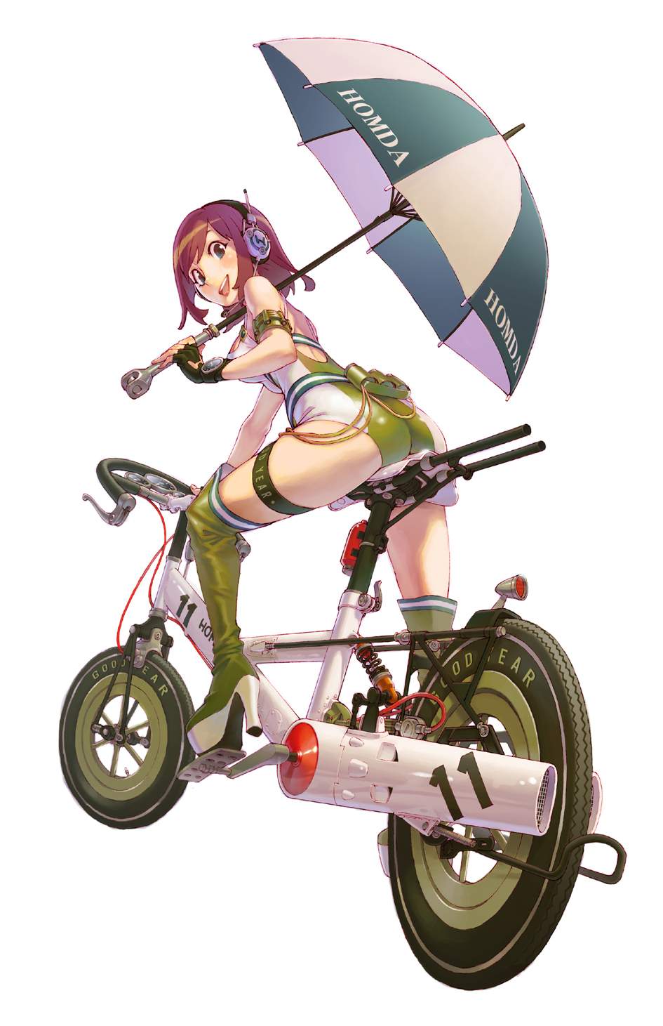 achako_(badendo) ass bicycle blue_eyes boots brand_name_imitation brown_hair fingerless_gloves gloves goodyear ground_vehicle headphones highres honda lipstick looking_at_viewer looking_back makeup open_mouth platform_footwear platform_heels race_queen short_hair simple_background smile solo thigh_boots thigh_strap thighhighs umbrella white_background