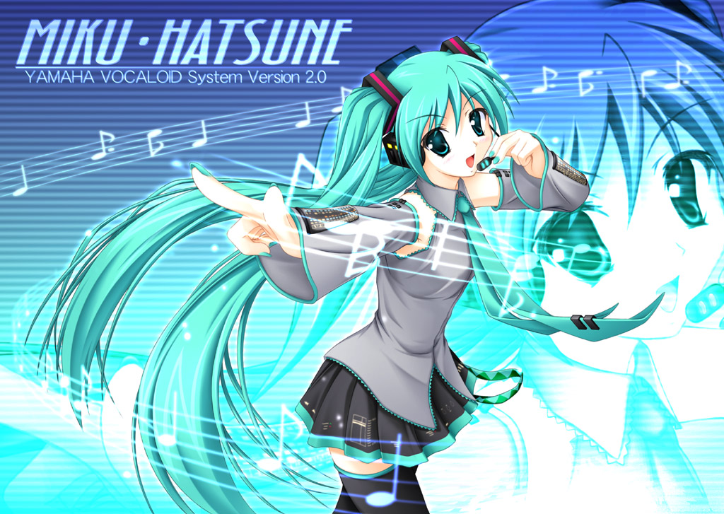 aqua_eyes aqua_hair detached_sleeves hatsune_miku headset long_hair musical_note necktie pointing skirt solo staff_(music) thighhighs twintails very_long_hair vocaloid wantoshi