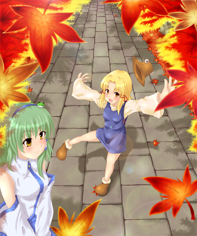 bad_id bad_pixiv_id blonde_hair detached_sleeves green_hair hat kochiya_sanae leaf mochi.f moriya_suwako multiple_girls short_hair touhou yellow_eyes