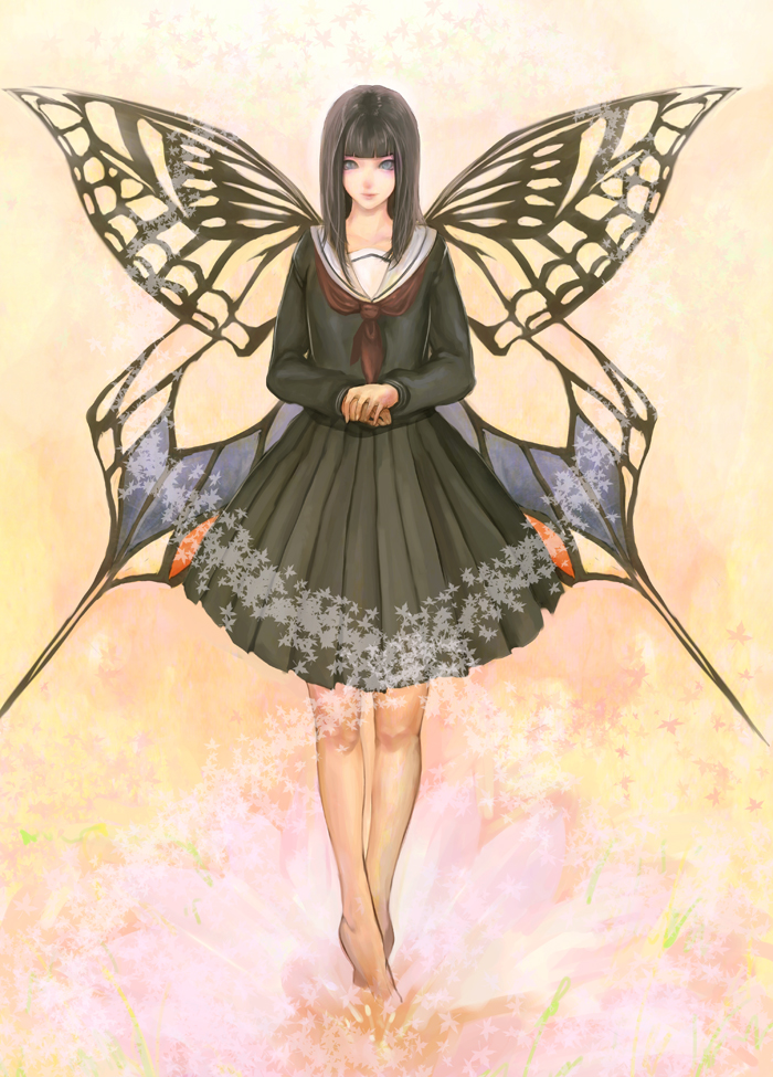 asanuma bad_id bad_pixiv_id barefoot black_hair blue_eyes butterfly_wings original school_uniform serafuku skirt solo wings