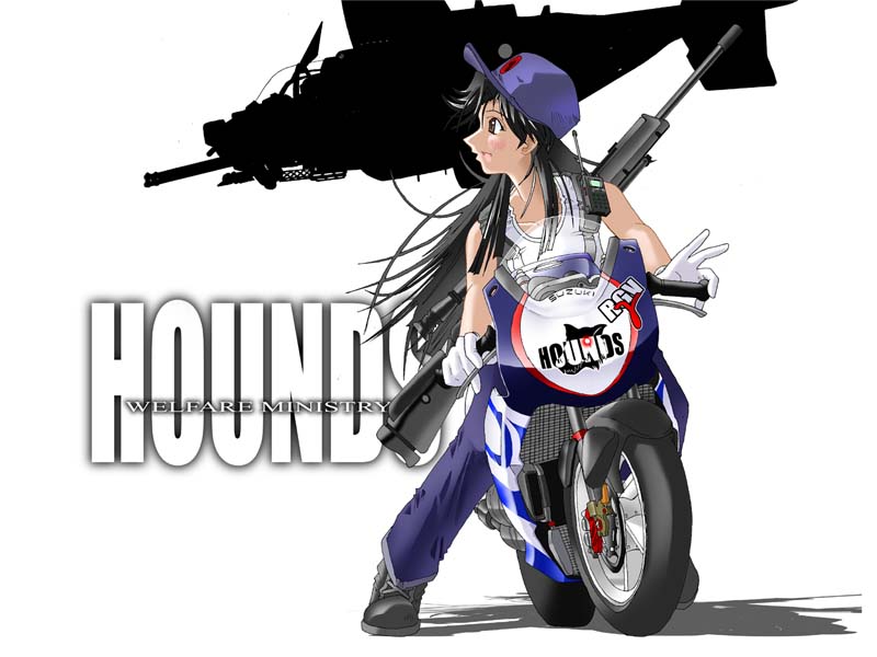 :d aircraft bangs baseball_cap black_eyes black_hair blush collarbone cross-laced_footwear english flipped_hair from_side full_body geobreeders gloves ground_vehicle gun gunship hat heckler_&amp;_koch helicopter itou_akihiro long_hair looking_to_the_side motor_vehicle motorcycle msg90 narusawa_ayumi open_mouth profile riding rifle scope shadow silhouette simple_background smile sniper_rifle solo suzuki tank_top very_long_hair walkie-talkie weapon white_background white_gloves