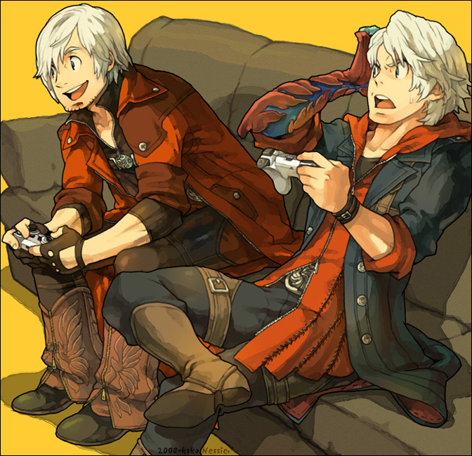 bad_id bad_pixiv_id blue_eyes couch dante_(devil_may_cry) devil_bringer devil_may_cry devil_may_cry_4 game_console male_focus multiple_boys nero_(devil_may_cry) nessie_(kska) playing_games playstation_3 sitting video_game white_hair