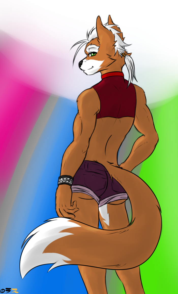 anthro armband back back_turned biceps black_nose bracelet butt canine clothing fox fox_mccloud fur girly green_eyes hair hand_on_hip jewelry looking_at_viewer looking_back male mammal nintendo orange_fur ponytail pose rath-raholand shirt shorts smile solo standing star_fox tied_hair video_games white_hair