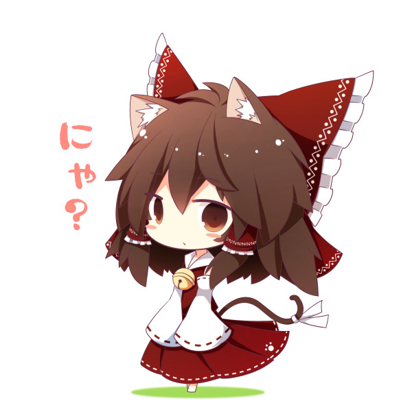 animal_ears bad_id bad_pixiv_id bell beni_shake blush_stickers brown_eyes brown_hair cat_ears cat_tail chibi detached_sleeves hair_tubes hakurei_reimu kemonomimi_mode looking_at_viewer red_eyes ribbon simple_background solo tail tail_ribbon touhou translated white_background wide_sleeves