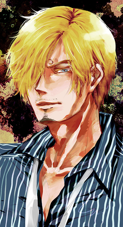 1boy blonde_hair collared_shirt facial_hair goatee hair_over_one_eye looking_at_viewer male male_focus necktie one_piece open_collar sanji shirt solo striped striped_shirt untied