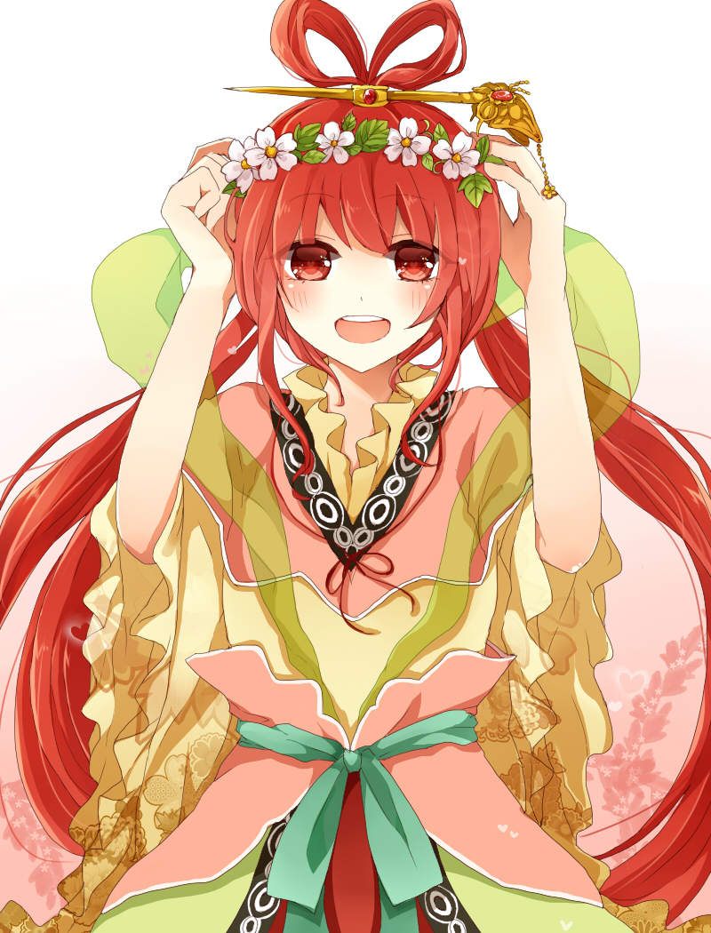 :d blush chinese_clothes flower hair_ornament hair_rings hair_stick happy head_wreath jewelry kanarya long_hair looking_at_viewer magi_the_labyrinth_of_magic open_mouth red_eyes red_hair ren_kougyoku shawl smile solo strawberry_blossoms