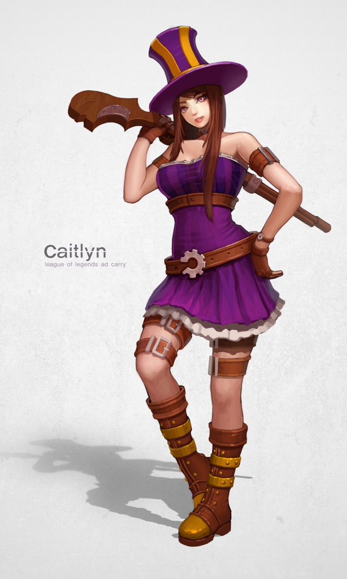 arm_strap bad_id bad_pixiv_id bare_shoulders boots brown_eyes brown_hair caitlyn_(league_of_legends) character_name choker dress fingerless_gloves freeinni gloves gun hand_on_hip hat league_of_legends lips lipstick long_hair makeup nose over_shoulder rifle solo strapless strapless_dress thigh_strap top_hat watch weapon weapon_over_shoulder wristwatch