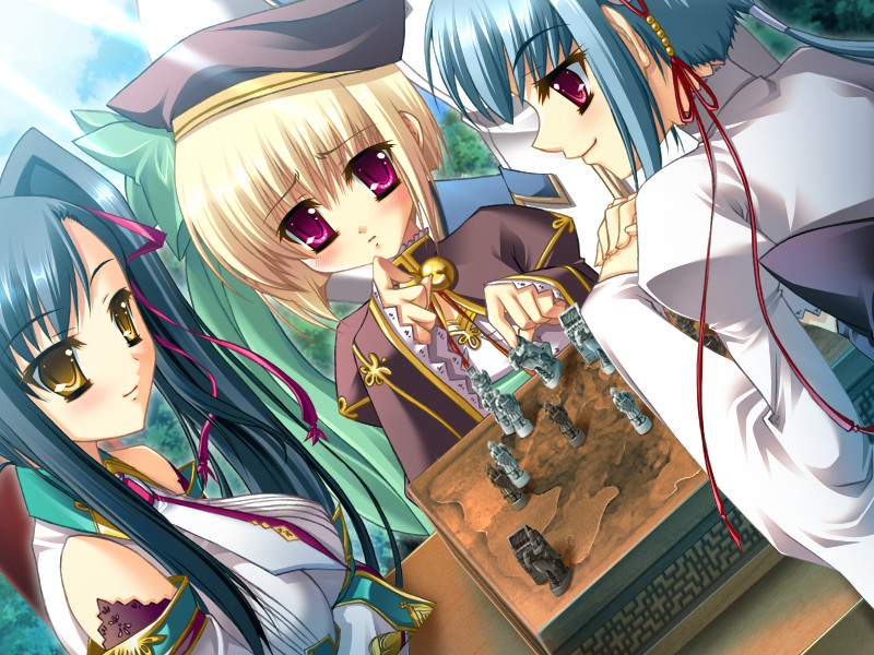 3girls bell beret black_hair blonde_hair blue_hair blush board_game chess chouun game_cg hat hikage_eiji kan'u kan'u koihime_musou long_hair multiple_girls pink_eyes ribbon shokatsuryou yellow_eyes