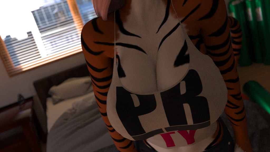 3d anthro bed bedroom big_breasts breasts brown_fur brown_hair city close-up clothing feline female front fur hair mammal nathanounce pants pillow pinup pose room seductive shirt solo stripes tiger window