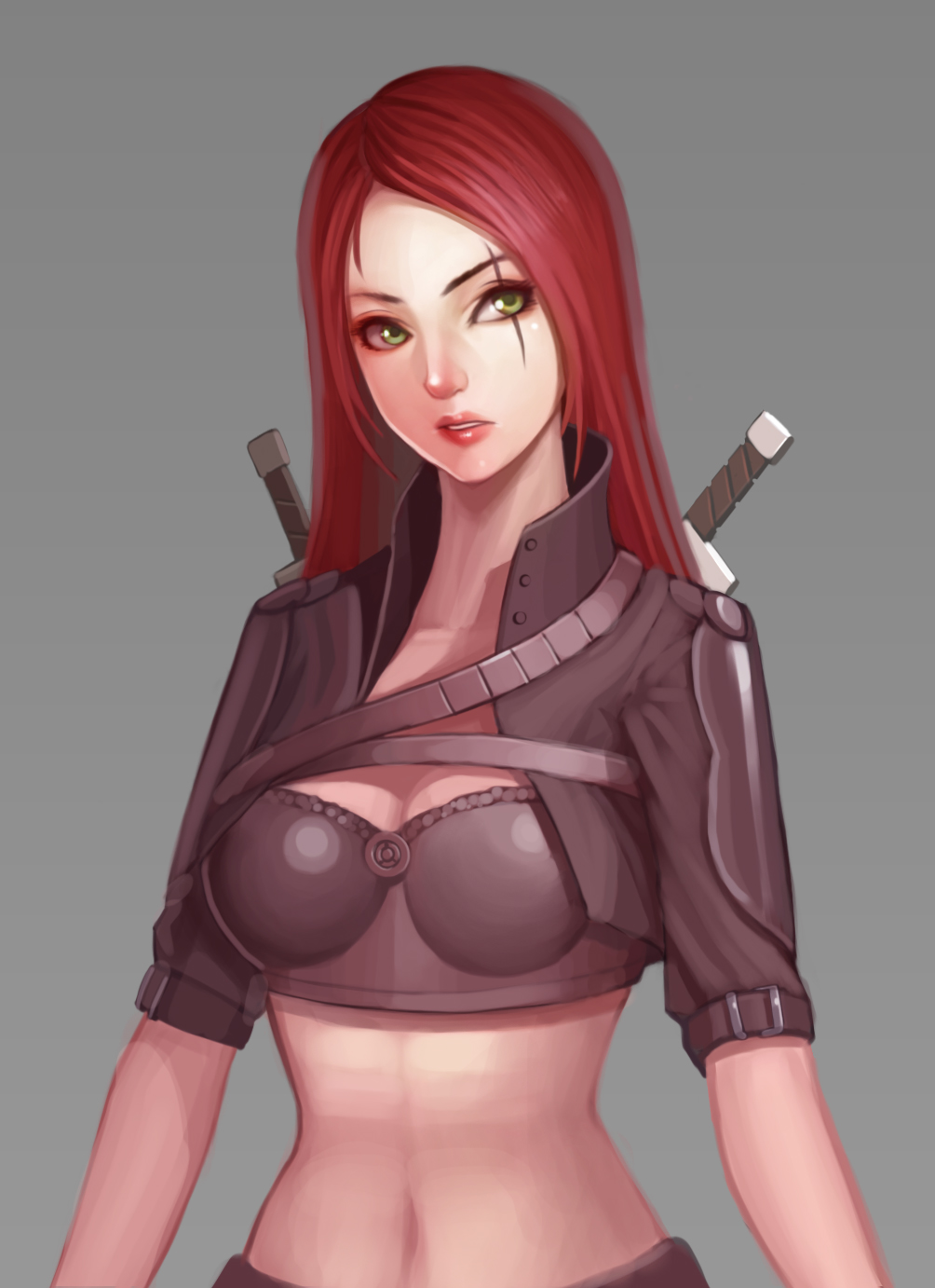 bad_id bad_pixiv_id bandeau breasts cropped_jacket freeinni green_eyes highres katarina_du_couteau league_of_legends lips lipstick long_hair makeup medium_breasts midriff navel parted_lips red_hair scar short_sleeves solo strap