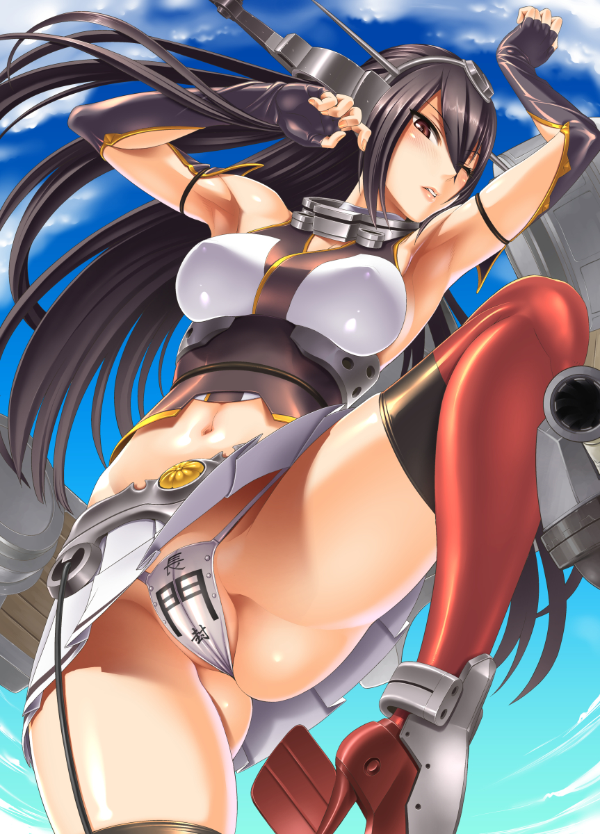 armpits black_hair blush brown_eyes cameltoe elbow_gloves from_below gloves hairband highres kantai_collection long_hair looking_at_viewer machinery midriff nagato_(kantai_collection) navel one_eye_closed panties pantyshot partially_visible_vulva pierre_norano solo thighhighs translated underwear