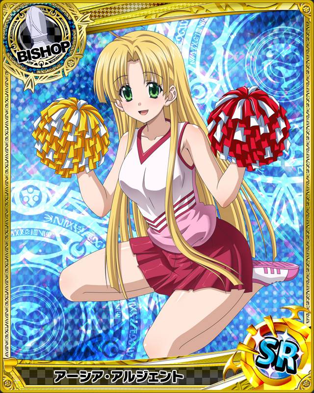 artist_request asia_argento bishop_(chess) blonde_hair blush breasts card_(medium) character_name cheerleader chess_piece green_eyes high_school_dxd large_breasts legs long_hair looking_at_viewer official_art open_mouth pale_skin pom_poms smile solo trading_card