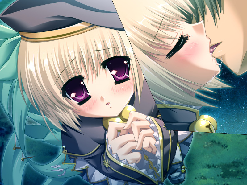 1girl bell beret blonde_hair blush game_cg hat hikage_eiji koihime_musou pink_eyes shokatsuryou