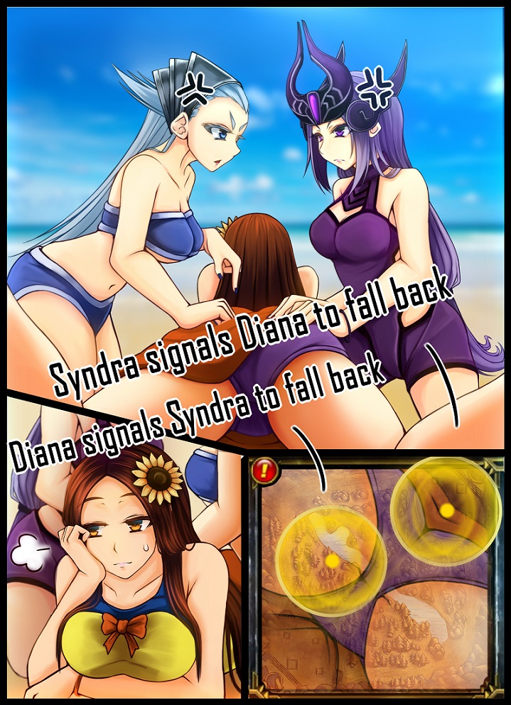 alternate_costume breasts cleavage day diana_(league_of_legends) ear_protection forehead_protector helmet large_breasts league_of_legends leona_(league_of_legends) long_hair multiple_girls oldlim pool_party_leona purple_eyes silver_hair sky swimsuit syndra very_long_hair yuri