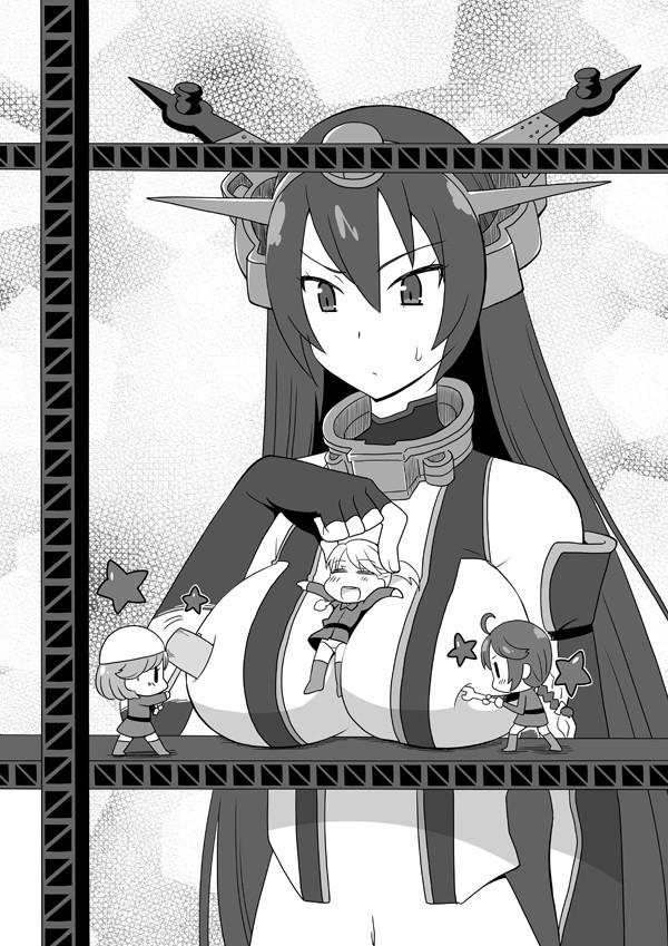 =_= ahoge braid breast_rest breasts fairy_(kantai_collection) greyscale hairband hammer hardhat helmet helmet_musume_(kantai_collection) kantai_collection large_breasts long_hair maintenance_musume_(kantai_collection) mallet minigirl monochrome multiple_girls nagato_(kantai_collection) open_clothes open_mouth open_shirt panties pantyshot ponytail shirt star sweatdrop underwear wrench yuuma_(skirthike)