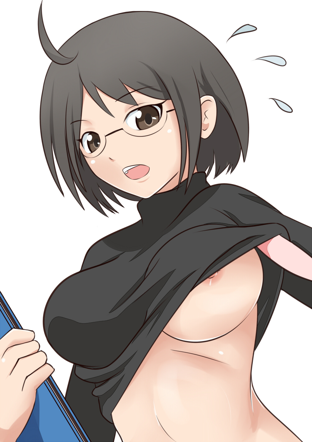 1girl ahoge areola_slip areolae black_hair blush book breasts brown_eyes glasses large_breasts looking_at_viewer no_bra open_mouth servant_x_service short_hair simple_background solo sweatdrop sweater white_background wo_jianqiang_fu_guo yamagami_lucy yamagami_lucy_kimiko_akie_airi_shiori_rinne_yoshiho_ayano_tomika_chitose_sanae_mikiko_ichika