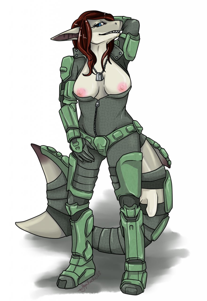 anthro arm_behind_head armor big_breasts blue_eyes breasts brown_hair clothing cosplay dog_tags female fish hair halo_(series) long_hair looking_at_viewer marine master_chief nipples plain_background pose red_hair shark solo sopikachu thresher_shark tonilyn topless video_games white_background