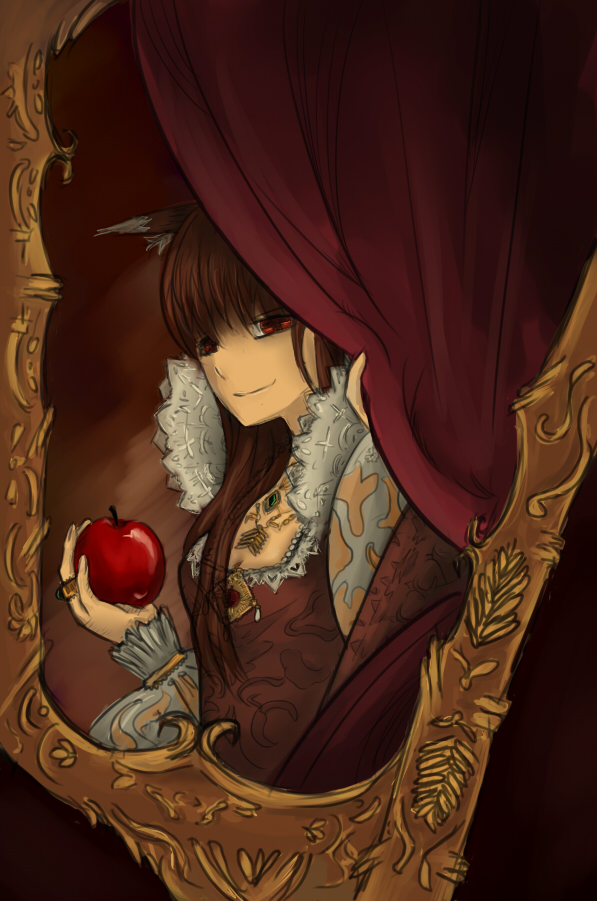 alternate_costume animal_ears apple breasts brown_hair cleavage curtain_grab curtains drawfag food fruit holding holo jewelry long_hair medium_breasts necklace red_eyes smile solo spice_and_wolf victorian wolf_ears