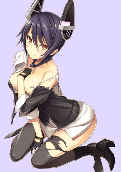 breasts brown_eyes covering covering_breasts hand_on_own_chest headgear kantai_collection kikuchi_seiji large_breasts looking_at_viewer no_eyepatch purple_hair short_hair solo tears tenryuu_(kantai_collection) thighhighs torn_clothes