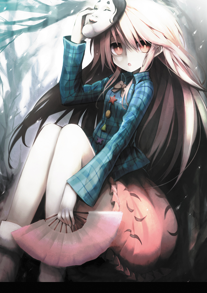bow expressionless face_mask fan folding_fan hata_no_kokoro long_hair long_sleeves looking_at_viewer mask open_mouth pink_eyes pink_hair plaid plaid_shirt shirt sitting skirt solo touhou very_long_hair wide_sleeves zen_o