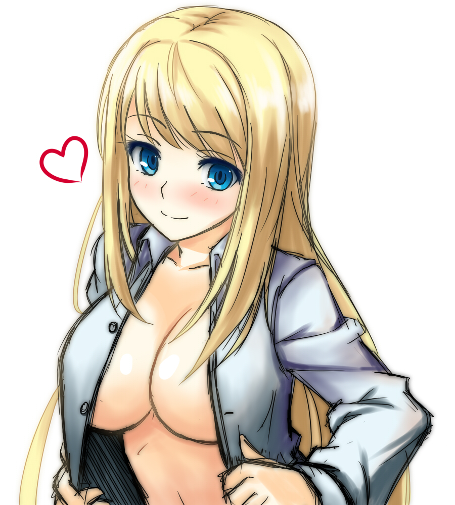 blonde_hair blue_eyes blush breasts chloe_lemaire gayprince girlfriend_(kari) heart large_breasts long_hair no_bra open_clothes open_shirt shirt simple_background smile solo very_long_hair white_background