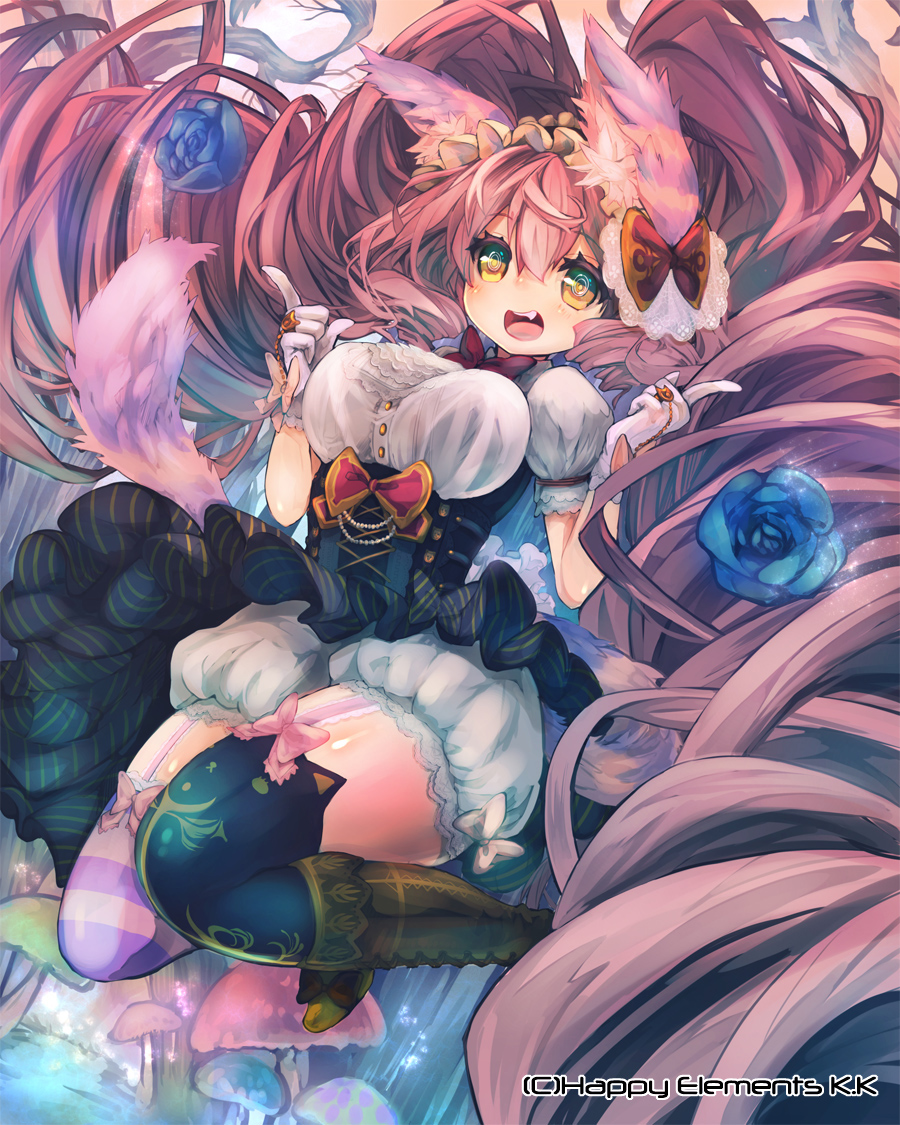animal_ears bloomers blue_flower blue_rose boots bow bowtie cross-laced_footwear dress fang flower framed_breasts frilled_skirt frills garter_straps gloves hairband lace lolita_hairband long_hair majoca_majoluna original pink_hair pochuri44 rose skirt solo tail thighhighs underwear yellow_eyes