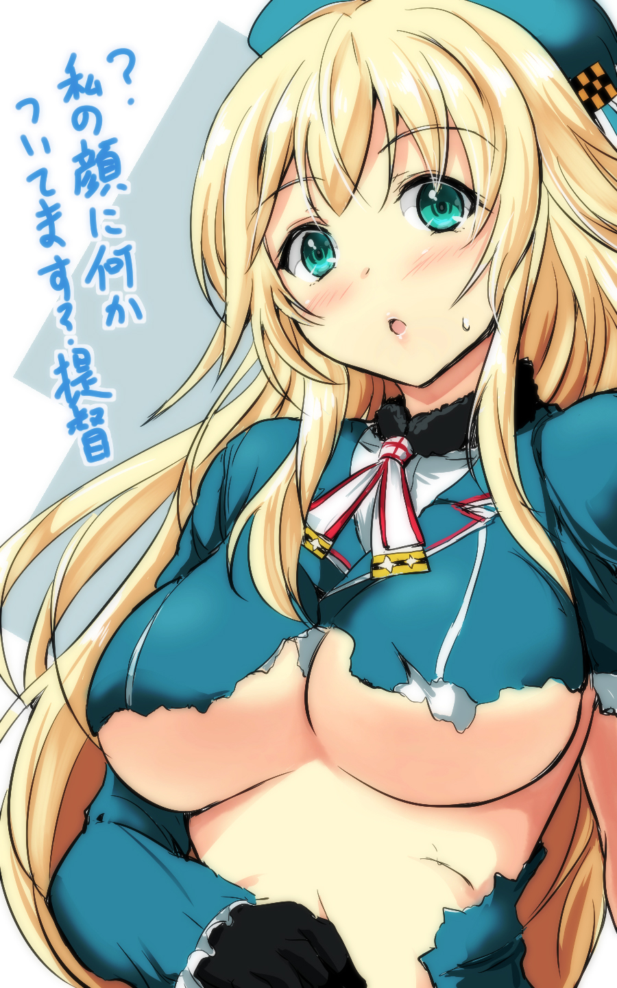 atago_(kantai_collection) black_gloves blonde_hair blush breasts gin'ichi_(akacia) gloves green_eyes hat highres kantai_collection large_breasts long_hair military military_uniform solo sweatdrop torn_clothes translated underboob uniform