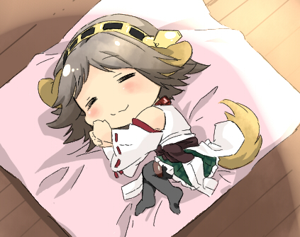 animal_ears blush boots chibi detached_sleeves dog_ears dog_tail hair_ornament hairband hatamichi_(ichibata5656) hiei_(kantai_collection) kantai_collection kemonomimi_mode lowres nontraditional_miko pantyhose pleated_skirt ribbon-trimmed_sleeves ribbon_trim short_hair skirt sleeping solo tail thigh_boots thighhighs wavy_mouth
