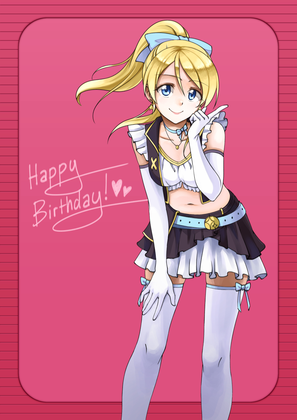 ayase_eli belt blonde_hair blue_eyes bow breasts choker earrings elbow_gloves frilled_skirt frills gloves hair_bow hand_on_thigh happy_birthday highres jewelry leaning_forward love_live! love_live!_school_idol_project midriff navel necklace no_brand_girls pas_(paxiti) ponytail ribbon_choker skirt small_breasts smile solo star star_earrings thighhighs vest white_gloves white_legwear zettai_ryouiki