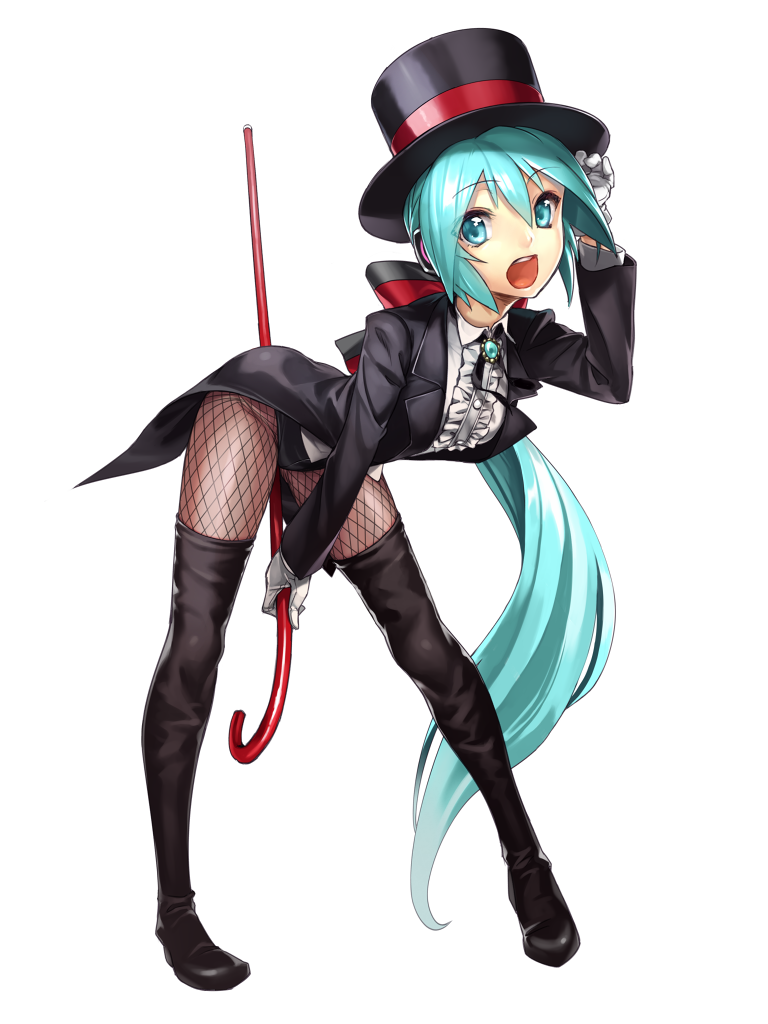 alternate_hairstyle aqua_eyes aqua_hair bad_id bad_pixiv_id bent_over black_hat black_jacket black_ribbon boots brooch cane center_frills collared_shirt fishnet_pantyhose fishnets gloves hat hatsune_miku headphones holding jacket jewelry long_hair long_sleeves low_ponytail magician magician_(module) miracle_paint_(vocaloid) nakasaki_hydra open_mouth pantyhose ponytail project_diva project_diva_(series) ribbon shirt simple_background solo tailcoat thigh_boots thighhighs top_hat very_long_hair vocaloid white_background white_gloves white_shirt
