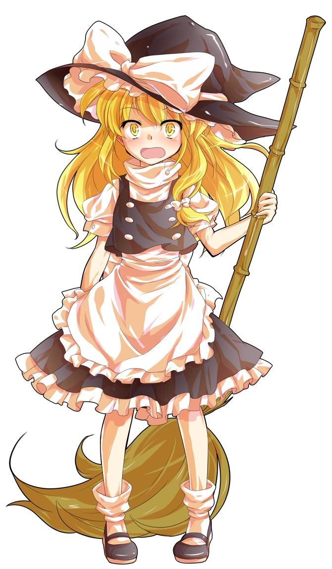 alphes_(style) apron black_dress blonde_hair blush bow braid broom dairi dress full_body hat hat_bow kirisame_marisa long_hair looking_at_viewer open_mouth parody puffy_sleeves shirt shocked_eyes short_sleeves single_braid solo style_parody touhou transparent_background turtleneck waist_apron wavy_mouth white_bow witch_hat yellow_eyes