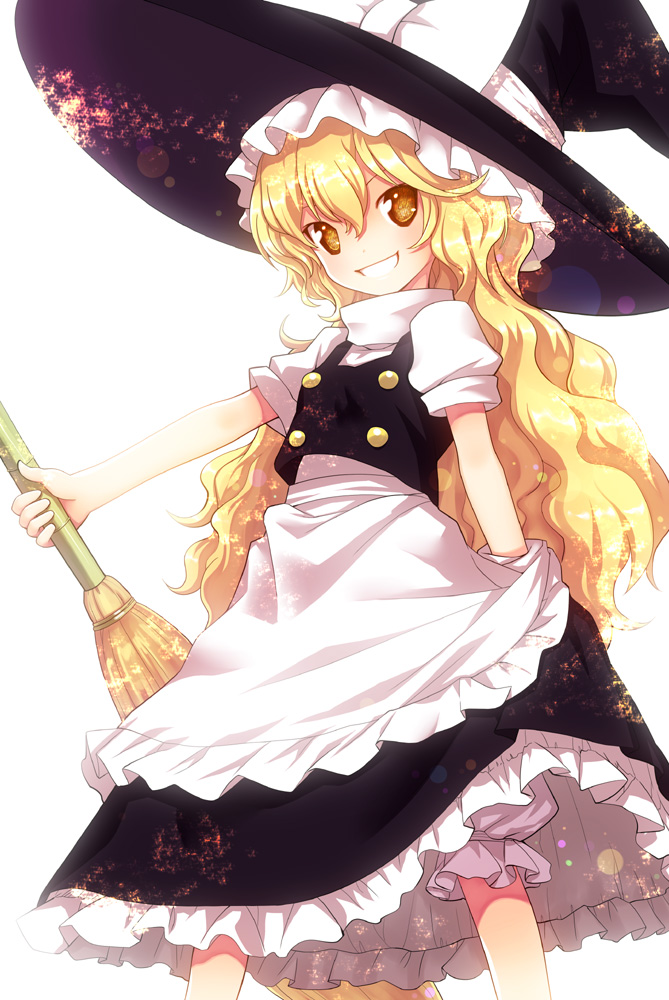 apron bloomers bow broom grin hat hat_bow kiira kirisame_marisa long_hair looking_at_viewer parted_lips puffy_sleeves shirt short_sleeves skirt skirt_set smile solo touhou underwear very_long_hair vest waist_apron white_bow witch_hat yellow_eyes