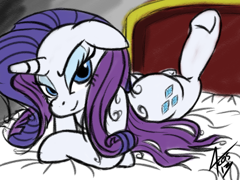 bed blue_eyes cutie_mark cynos-zilla equine eyeshadow female feral friendship_is_magic fur hair horn horse long_hair looking_at_viewer lying makeup mammal my_little_pony on_front pony purple_hair rarity_(mlp) solo unicorn white_fur