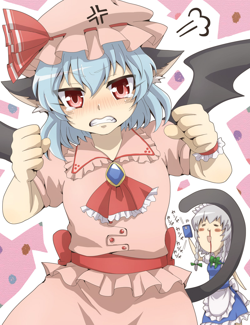 anger_vein animal_ears apron ascot bat_wings blood blue_dress blue_hair blush blush_stickers braid brooch camera cat_ears cat_tail clenched_teeth commentary_request dress hat hat_ribbon izayoi_sakuya jewelry kemonomimi_mode maid maid_headdress mob_cap multiple_girls nitoni nosebleed open_mouth pink_dress pink_eyes puffy_sleeves remilia_scarlet ribbon sash short_sleeves silver_hair smile tail tears teeth touhou twin_braids waist_apron wings wrist_cuffs