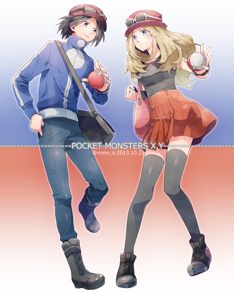 1girl bag black_hair blonde_hair blue_eyes calme_(pokemon) eyewear_on_head irono_(irtyu) long_hair messenger_bag pleated_skirt poke_ball pokemon pokemon_(game) pokemon_xy serena_(pokemon) shoulder_bag skirt sunglasses thighhighs